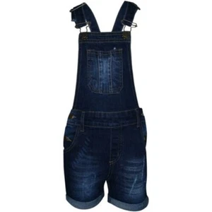Kids Girls Dungaree Short Dark Blue Denim Ripped Stretch Jeans Overall Jumpsuits - Picture 1 of 8