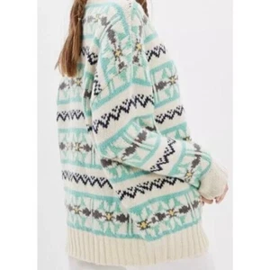 American Eagle AE Oversized Mock Neck Fair Isle Sweater Womens Sz S Ivory Boho - Picture 1 of 9