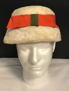 VTG Womens Off White  Faux Fur Hat W/ Olive Green/Orange Trim - Picture 1 of 12