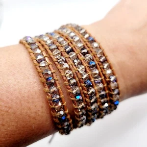 Victoria Emerson Leather 5x Wrap Bracelet Browm Smoky AB Crystals 36" Casual - Picture 1 of 6