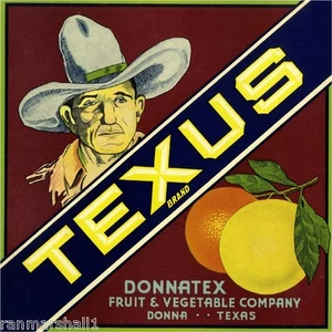 Impresión artística de etiqueta de caja de cítricos naranja vaquero Donna Texas Texus - Imagen 1 de 1