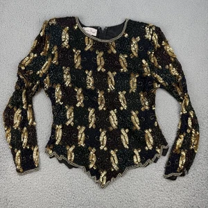Vintage Laurence Kazar Bluse Damen groß schwarz gold Pailletten Seide Perlen 80er Top - Bild 1 von 13
