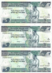 Ethiopia 3x 5 birr 2017 P-47h UNC consecutive - Picture 1 of 2