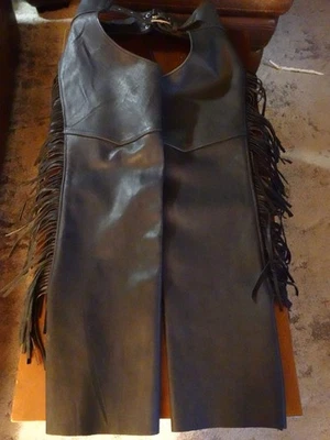 1990s women's size M black leather fringed chaps worn twice, excellent condition - Image 1 of 4