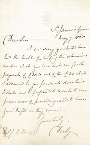 Prime Minister Edward Smith-Stanley, Earl of Derby, Autograph Letter Signed - Picture 1 of 2
