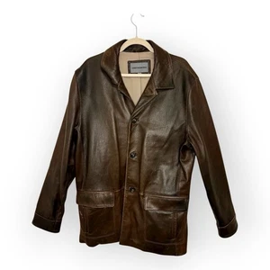 Johnston & Murphy Brown Leather Button Front Jacket Classic Field Coat L - Picture 1 of 12