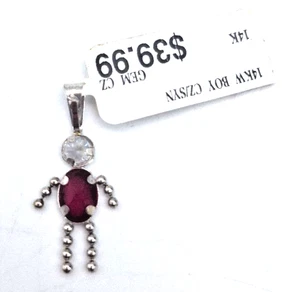 Vintage 14k White Gold January Birthstone Boy Charm Synthetic Ruby Pendant New - Picture 1 of 6