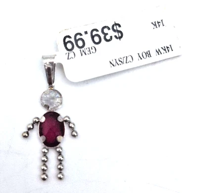 Vintage 14k White Gold January Birthstone Boy Charm Synthetic Ruby Pendant New - Image 1 of 4