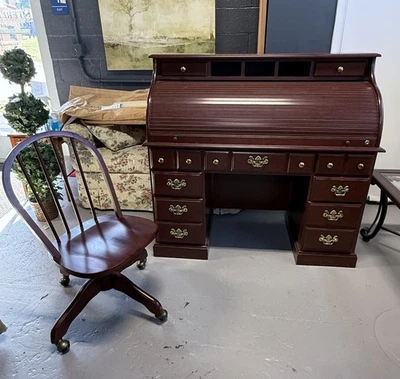 Vtg Wood Roll Top Desk w/ Chair Secretary Office Library Home Storage Drawers - Image 1 of 4