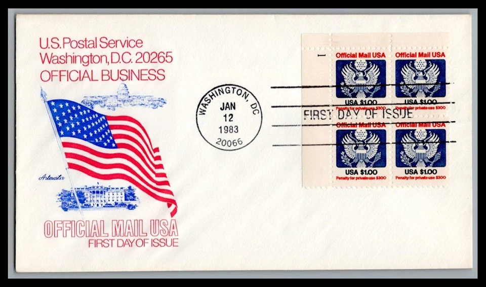 US FDC # O132 $1  Official Eagle & Shield Artmaster Plate block  1983, 0a1139 - Image 1 of 1