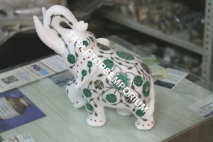 10" Marble Trunk Up Standing Elephant Statue Malachite Inlay Home Decor H5719A - Picture 1 of 6