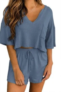 Women's V Neck Short Sleeve Pajama Sets Waffle Knit Tops and Shorts 2 Piece T... - Picture 1 of 7