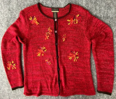Cárdigan suéter vintage Sigrid Olsen grande apliques florales abotonados rojo deportivo Foto 1 de 4