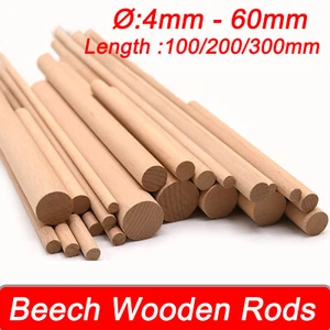 Ø 4mm to 60mm Beech x 100/200/300mm Wooden Dowling Rods, Craft Sticks Rods DIY - Picture 1 of 27