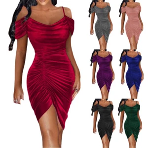 Sexy Women Velvet Cold Shoulder Mini Dress Bodycon Evening Cocktail Party Dress - Picture 1 of 18