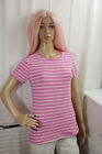 Women's Pink White Striped Primark M Short Sleeve Basic Cotton Tshirt Round Neck