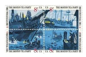 SELLOS BOSTON TEA PARTY ~ EE. UU. Juego de bloques de estampillas de 8 ¢ de la era del Bicentenario sin montar o nunca montado como nuevo - Imagen 1 de 1