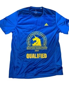 Adidas Boston Marathon 2021 Mens Shirt L Short Sleeve Yellow Blue Qualified - Picture 1 of 4