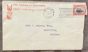 1901 2c Phoenix of Hartford Lovejoy & Spear ADV Cincinnati to Rossville Indiana. - Picture 1 of 2