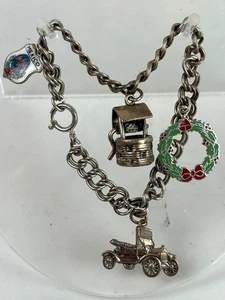 Pulsera vintage de plata esterlina con 4 dijes * coche * corona de Navidad * MÉXICO - Imagen 1 de 8