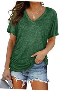 Womens Short Sleeve V Neck Dolman Tops with Side Shirring Loose Large 1-green - Picture 1 of 6