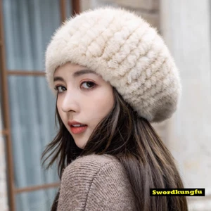 Handgestrickt 100% Echt Nerz Pelzmütze Beanie Mütze Damenmode Warm Winter - Bild 1 von 17