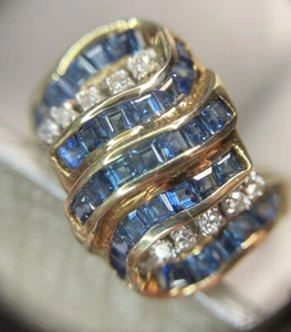 Rare 14k Yellow Gold Blue Sapphire Princess Ballerina Diamond Cluster Ring 5 3/4 - Picture 1 of 15