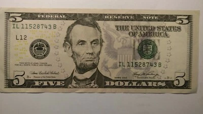 2006 $5.00 Federal Reserve Note Low on both # 3 FR# 1993-l (FW) Circulated. - Image 1 of 2