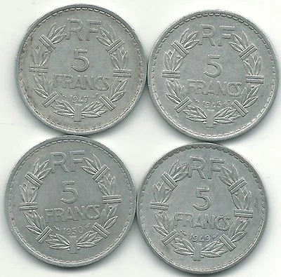 MUY BONITO LOTE 4 MONEDAS DE ALUMINIO FRANCIA 5 FRANCOS-1945,1947,1949,1950-MAY755 Foto 1 de 2