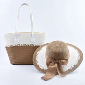 New Matching Summer Beach Straw Shoulder Bag Tote With Wide Brim Hat Set Travel - Picture 1 of 15