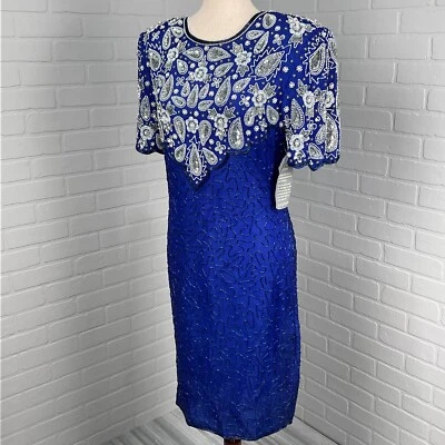 Stenay Dress Women 8 Blue Silver Paisley All Over Embellish Silk Formal VTG NWT - Image 1 of 4