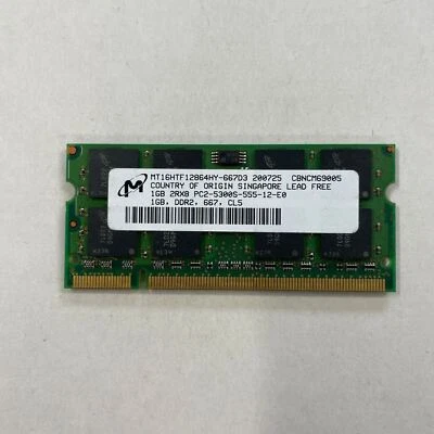 Micron 1GB DDR2 RAM PC2-5300 667MHz Unbuffered CL5 SODIMM MT16HTF12864HY-667D3 - Image 1 of 3