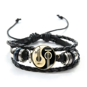 Bracelet Guitare YIN YANG ¤ Cuir tressé avec médaillon Acier + verre bombé ¤NEUF - Imagen 1 de 2