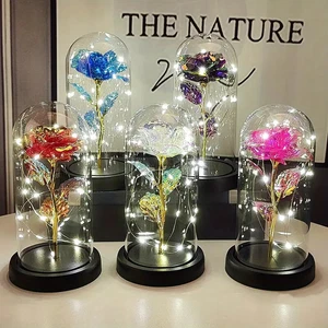 Rose Eternelle Sous Cloche Saint Valentin Cadeau Fleur Artificielle Lumière