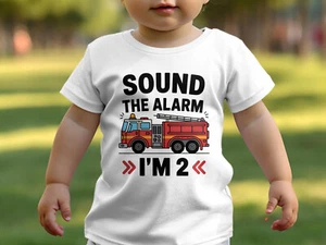 Boys 2nd Birthday T Shirt Sound The Alarm Firetruck Shirt White Tee for Second - Picture 1 of 5