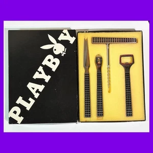 JUEGO DE BARRAS PLAYBOY 4 piezas de acero inoxidable a cuadros vintage sobre madera de teca - Imagen 1 de 6