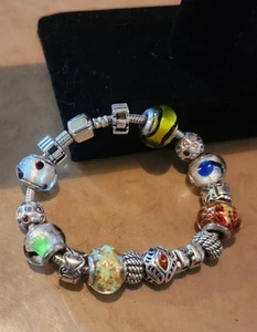 Chamilia .925 Sterling Silver 14 Charms Bracelet Murano glass Italy butterfly - Picture 1 of 13