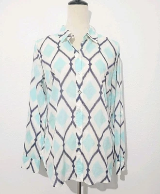 Camisa Talbots Mujer Pequeña Botón Frontal Azul Blanco Diamante Estampado Ikat 100% Algodón Foto 1 de 4