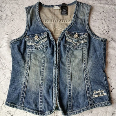 Harley Davidson Womens Denim Jean Vest Medium Genuine Motor Clothes  Motorcycle  - Image 1 of 4