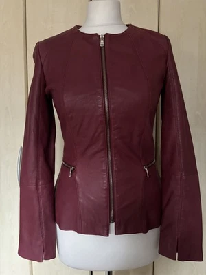 MANGO Women’s Soft REAL LEATHER Jacket Coat Burgundy Red Biker Peplum XS 6/8 VGC - Image 1 of 4