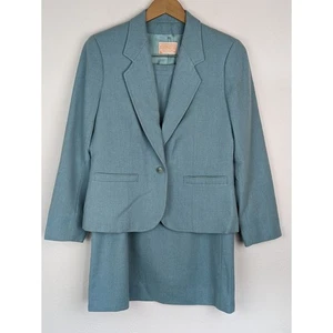 Pendleton Skirt Blazer Suit Vintage 80s Virgin Wool Career Blue Size 8 FLAWED - Picture 1 of 14