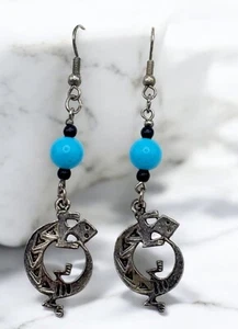 Vintage Lizard Dangle Earrings Silver Tone With Bead Accents Desert Gecko - Picture 1 of 6