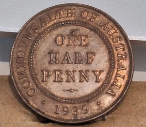 Moneda de medio centavo de cobre Australia 1939 KGVI en estado casi sin circular - Imagen 1 de 2