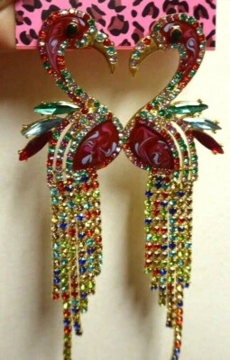 Pendientes colgantes Betsey Johnson multicolor cristal flamenco pájaro borla  Foto 1 de 4