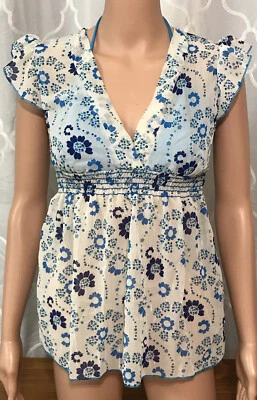 No Boundaries Shirt Top Blouse Junior Womens M 7/9 Blue White Short Sleeve Sheer - Image 1 of 4