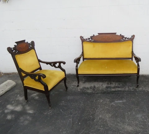 Victorian Carved Lion Heads Inlay Parlor Set Loveseat Settee and a Chair 3650 Cover