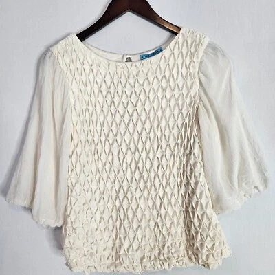 Blusa Alice Olivia Top Mujer Pequeña Crema Seda Diamante Gofre Mangas Transparentes  Foto 1 de 4