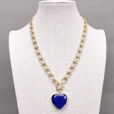 Gold Plated Chain Chokers Necklace Blue Quartz Heart Charm Pendant Designer Gems
