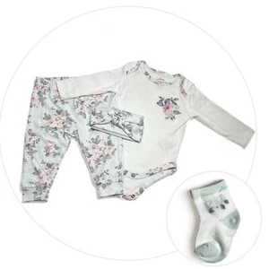 Baby Essentials 4 Piece Roses Set Girl Bodysuit Leggings Socks Bow 6 Month - Picture 1 of 1