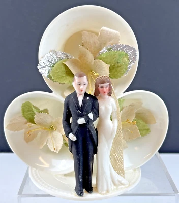 "Cubierta de pastel de boda vintage de los años 40 con campanas de tela de novio flores de papel aluminio 6""" Foto 1 de 4